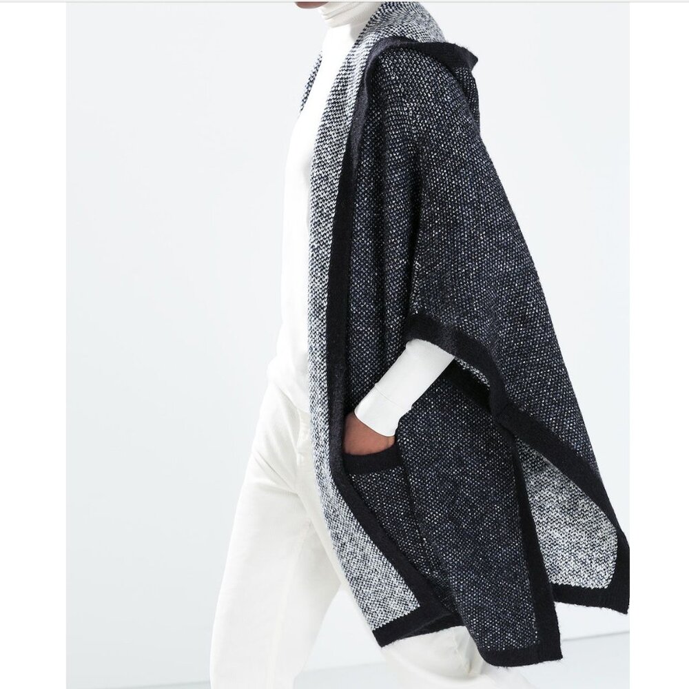 Zara Knit - Women's Stretch Wool Tweed Hooded Poncho in Navy,, Med Oversized